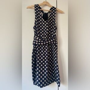 Silk Polka Dot Sleeveless Summer Mini Dress | Size 2 | Navy Blue and Cream